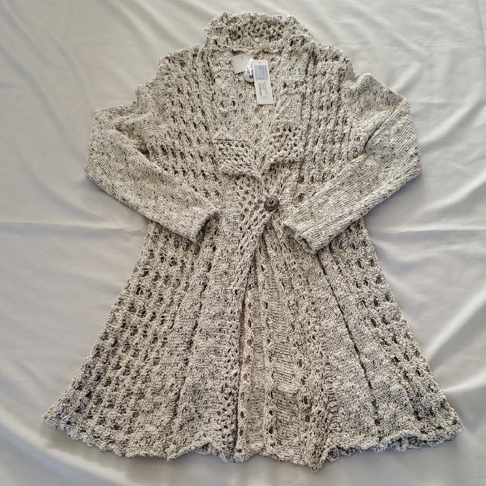 Soft Surroundings Open-Knit Longline Cardigan - Cream, Gray
